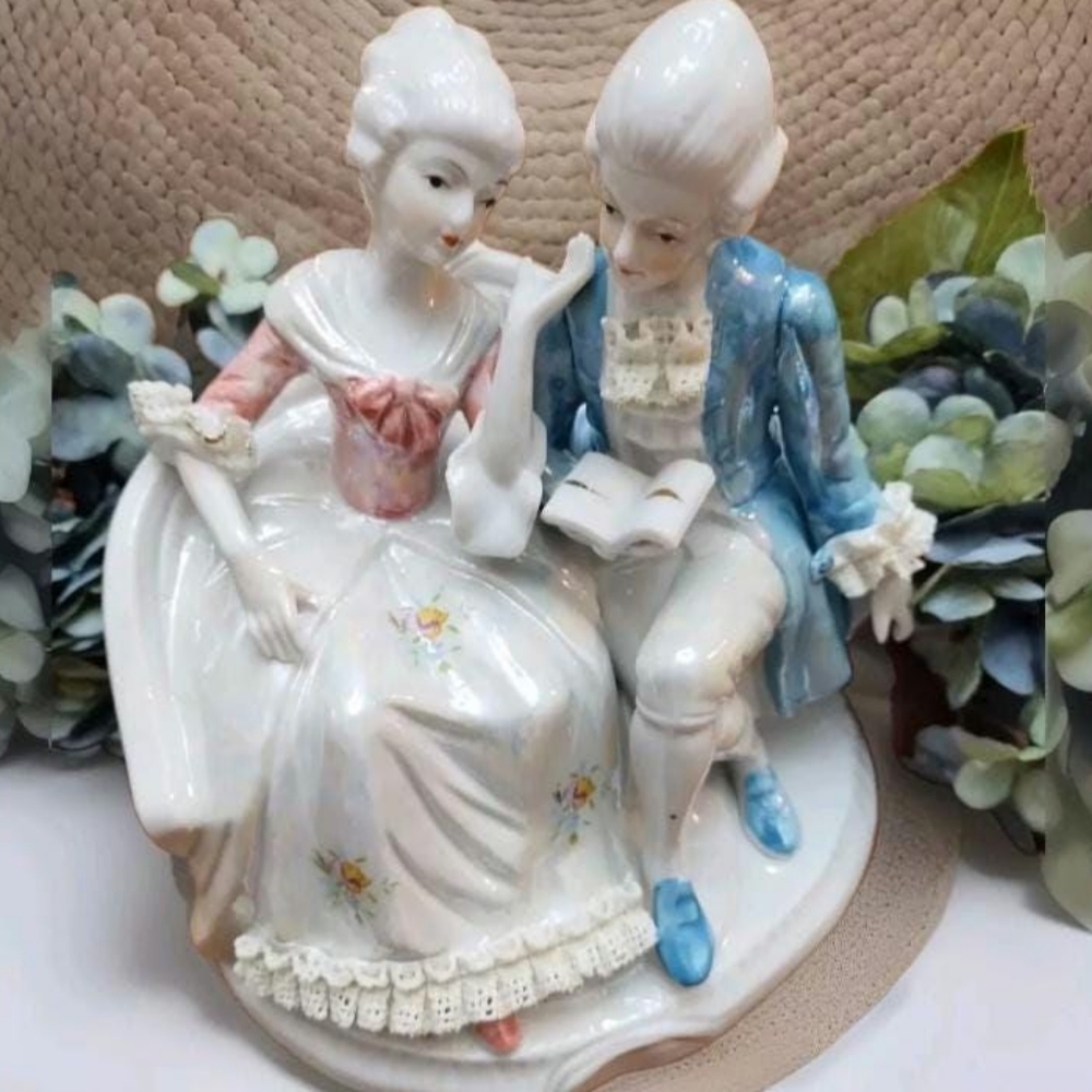 **Charming Vintage Dresden Style Courting Couple Reading Statue**